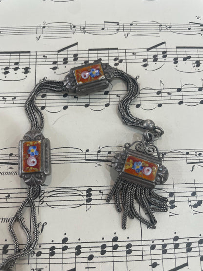 Rare Antique French Enameled Sterling Silver Pocket Watch Chain c1890