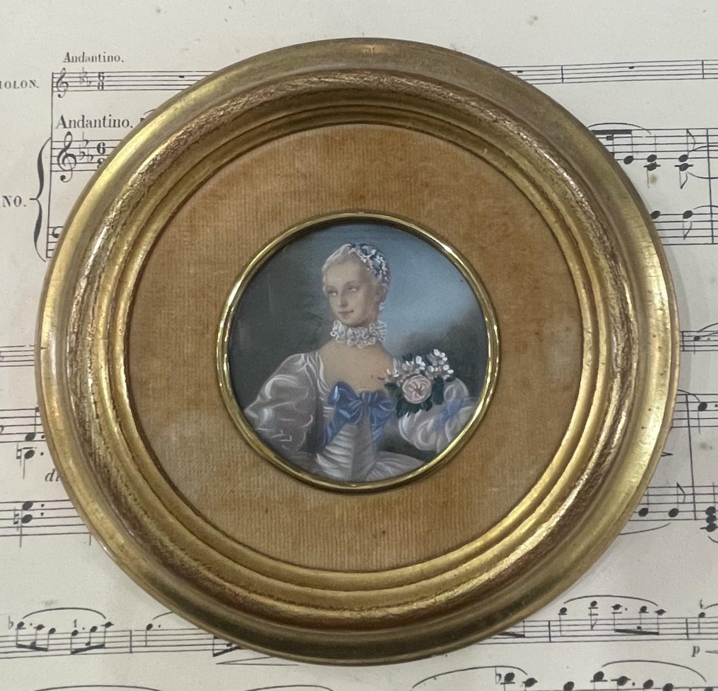 Antique French Miniature Woman Portrait Velvet Glass Flowers c1920