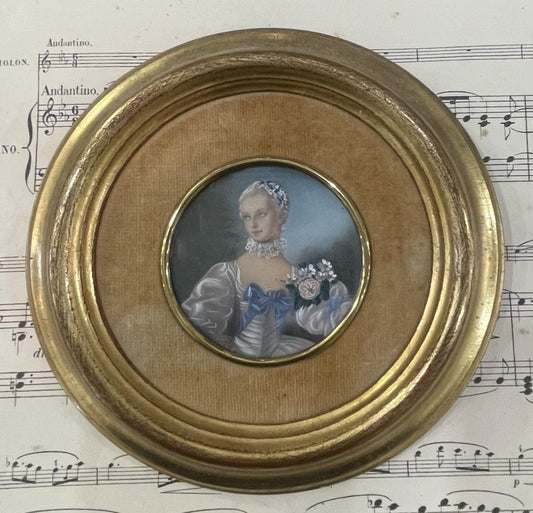 Antique French Miniature Woman Portrait Velvet Glass Flowers c1920