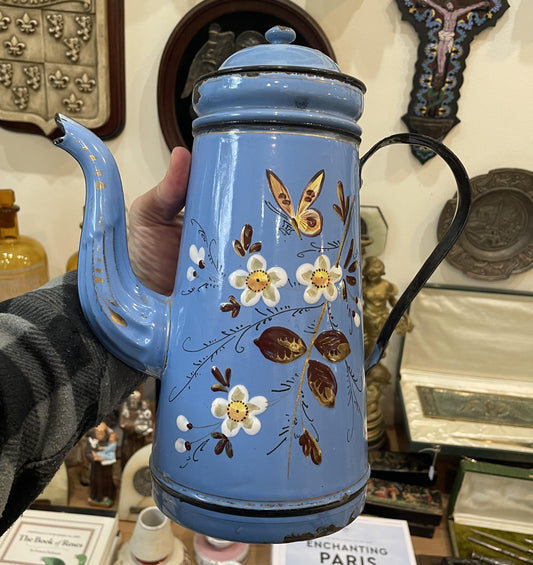 Rare Antique French Enamelware Coffee Pot Butterfly Flowers c1920