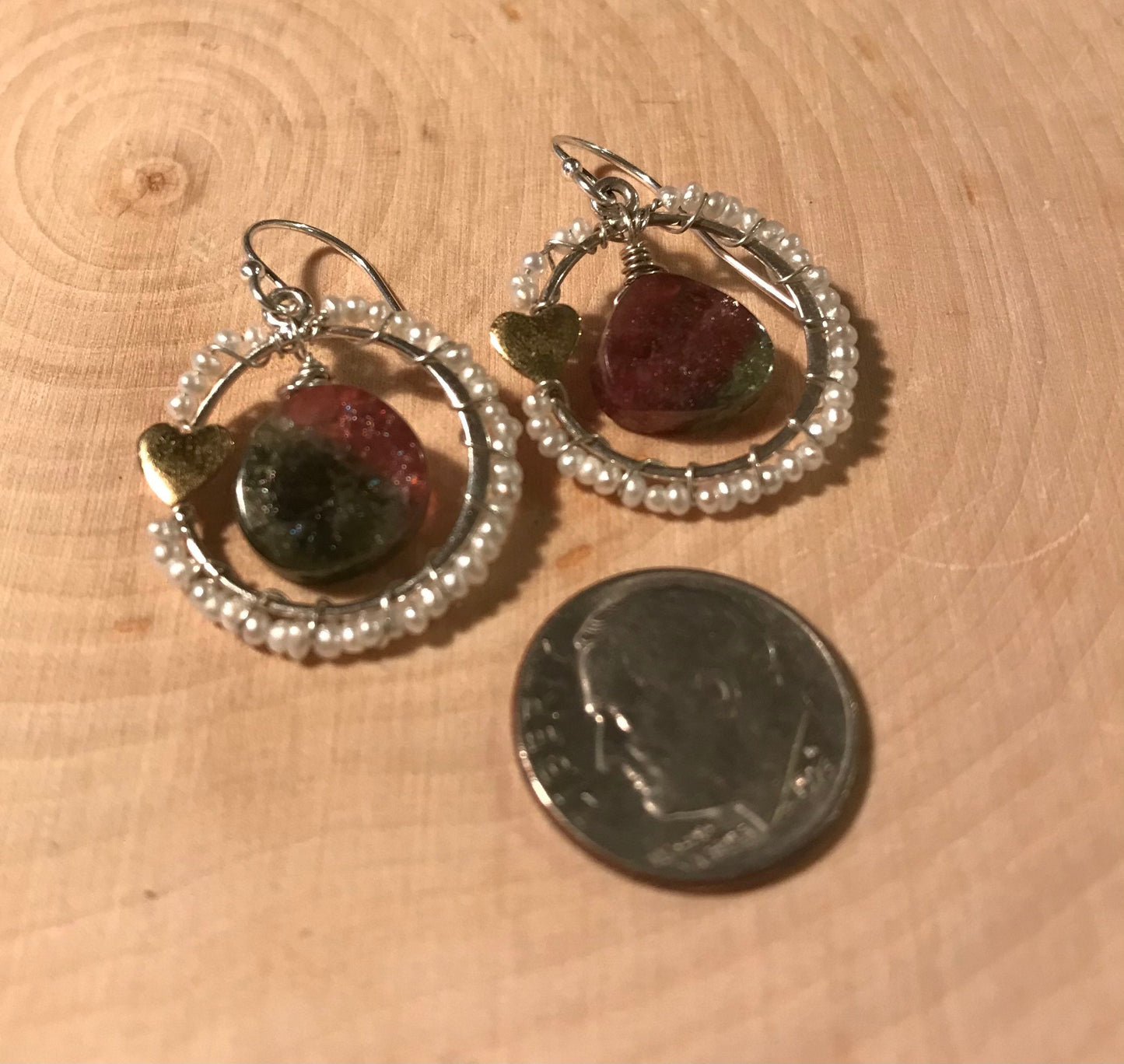 Tourmaline and pearl earrings with sterling silver and gold wash heart