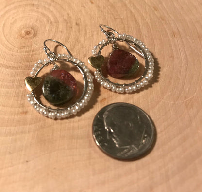 Tourmaline and pearl earrings with sterling silver and gold wash heart