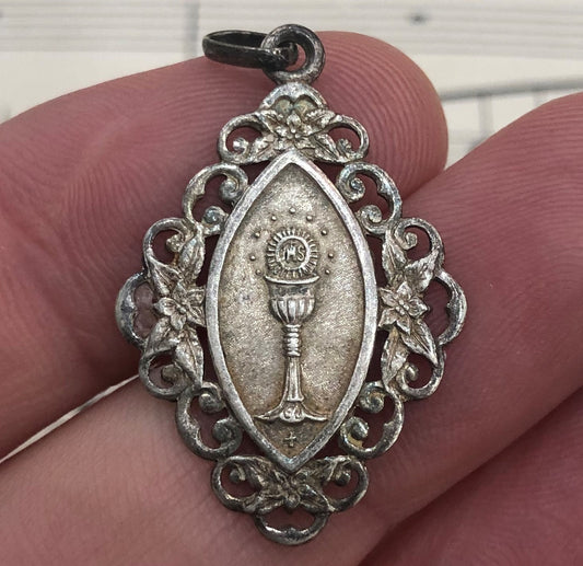 Antique French Art Nouveau Sterling Silver First Communion Medal Chalice c1904