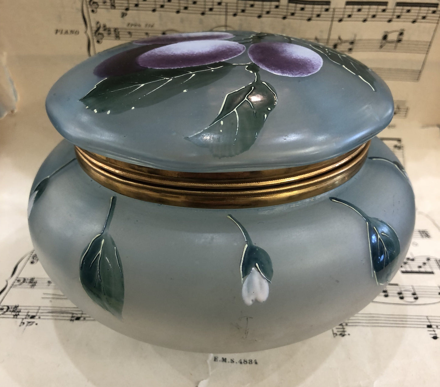 Rare Large Antique French Gilt Brass Glass Hand Painted Enameled Box Fruits Plums c1900