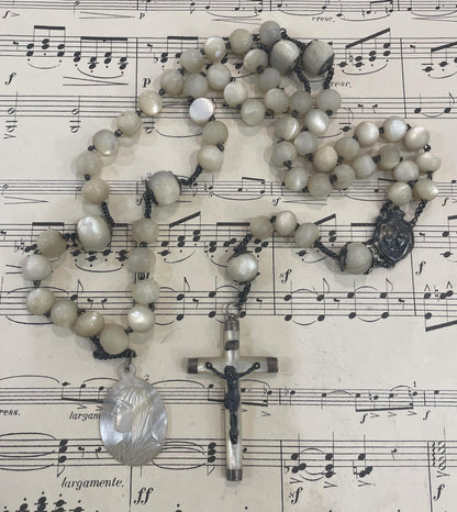 Rare Antique French Mother of Pearl Sterling Silver First Communion Rosary c1880