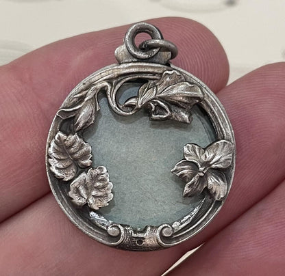 Antique French Art Nouveau Sliding Pendant Photo Holder Leaves c1920