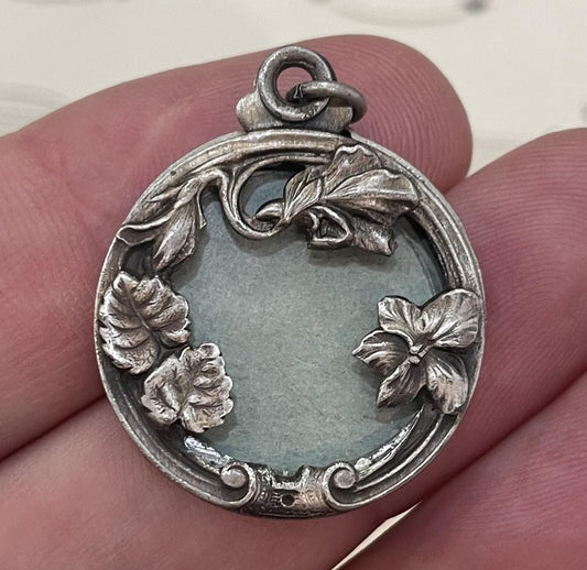 Antique French Art Nouveau Sliding Pendant Photo Holder Leaves c1920