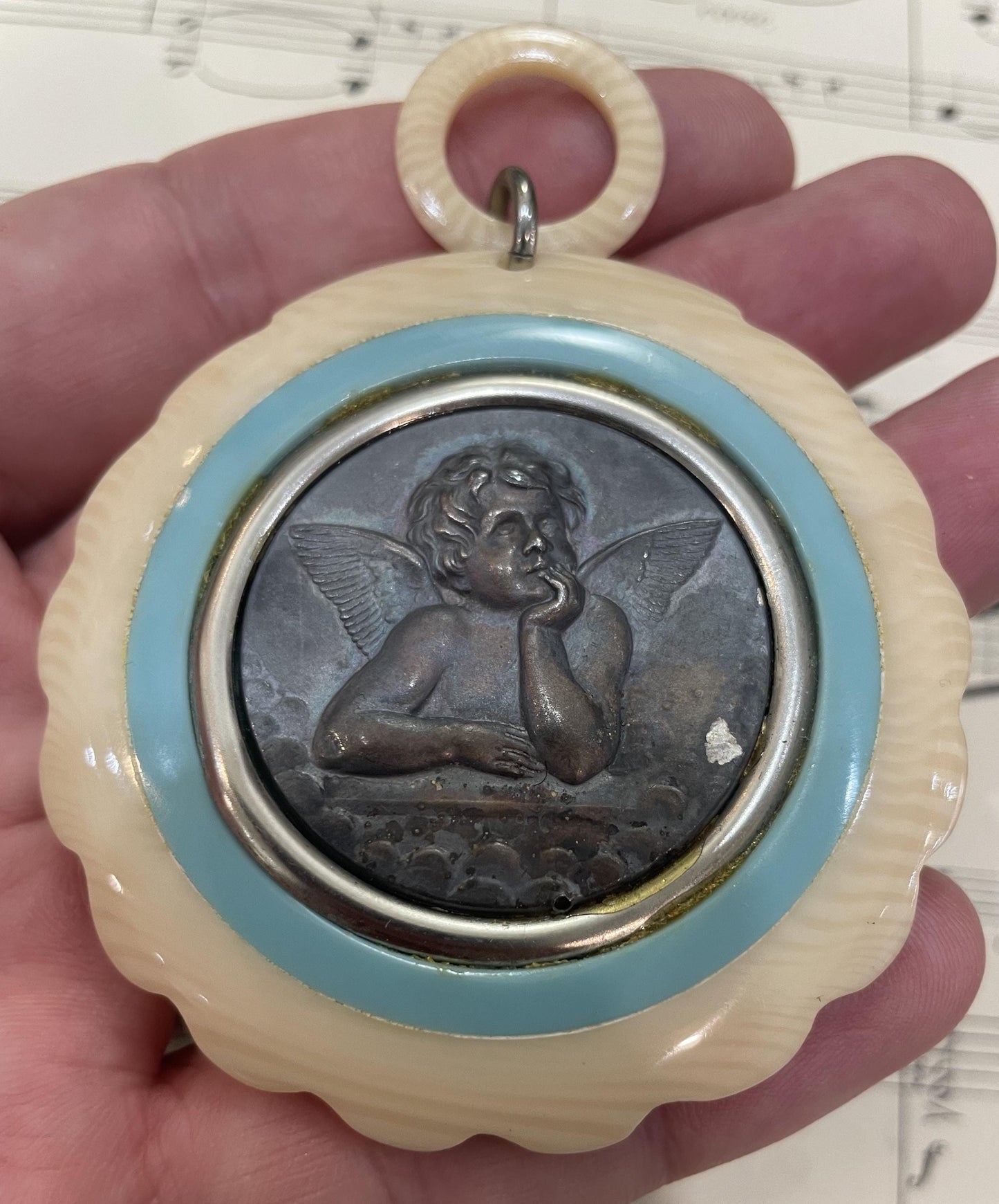 Vintage French Crib Cradle Protector Angel Celluloid Baptism Lourdes