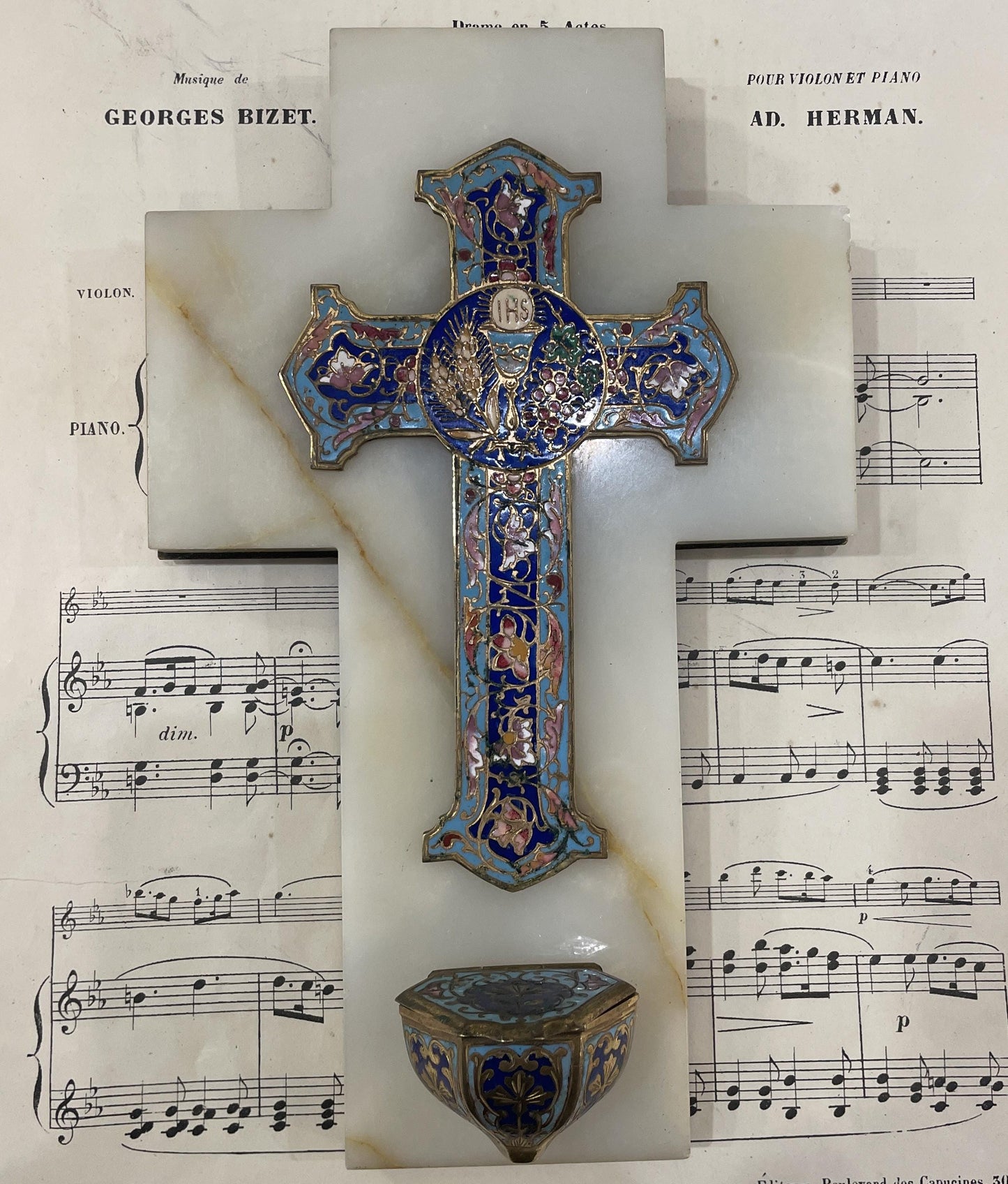 Antique French Champleve Enamel Onyx Holy Water Font Cross Crucifix c1880