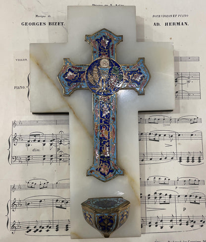Antique French Champleve Enamel Onyx Holy Water Font Cross Crucifix c1880