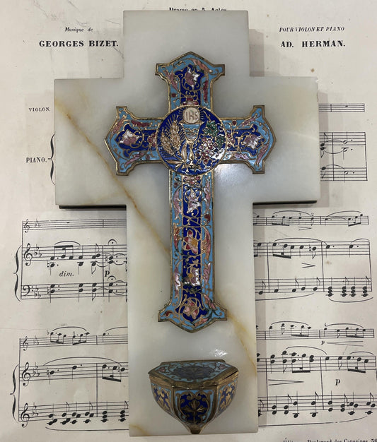 Antique French Champleve Enamel Onyx Holy Water Font Cross Crucifix c1880