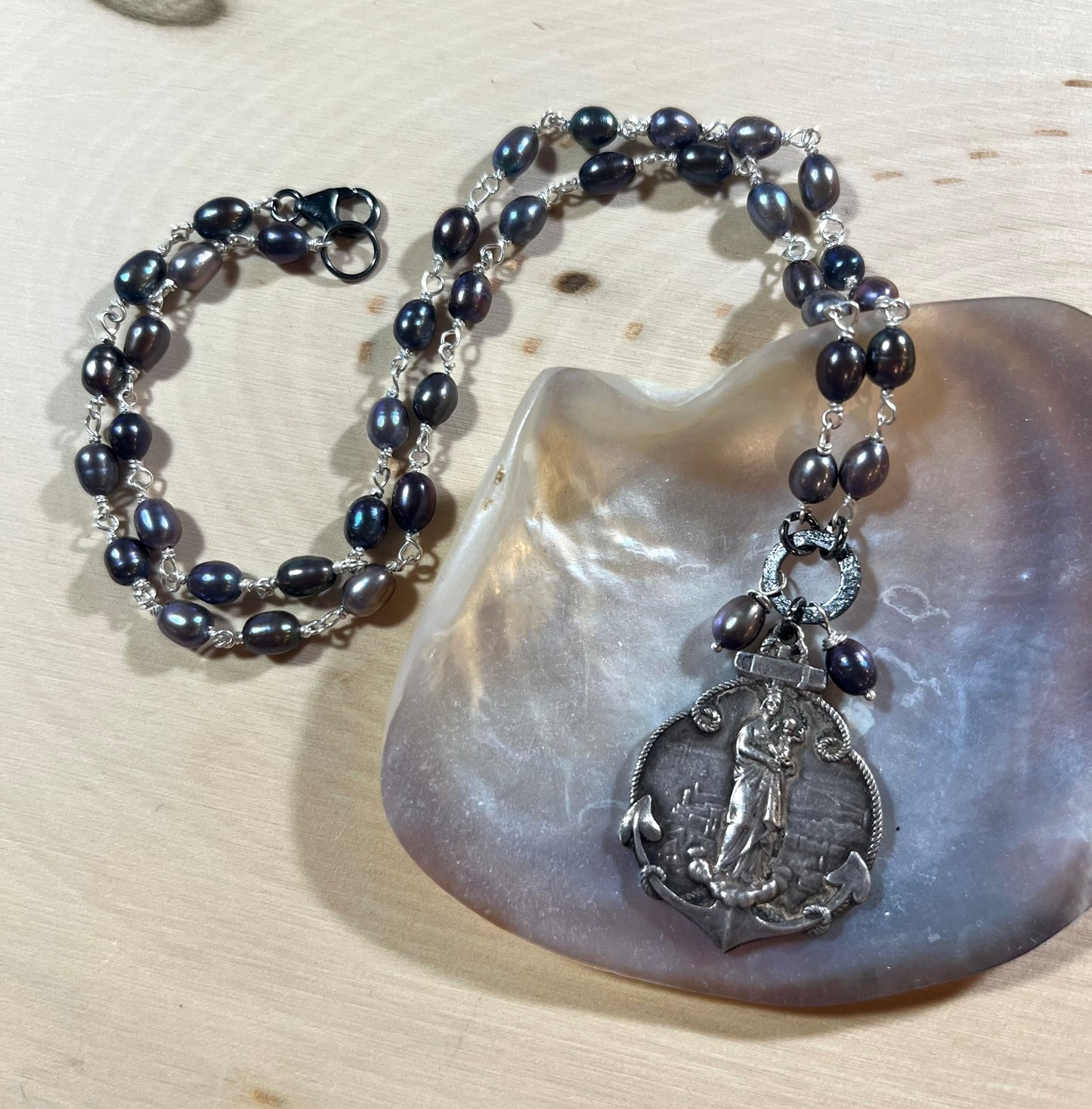 Vintage Notre Dame de La Garde medal necklace with freshwater pearls and sterling silver