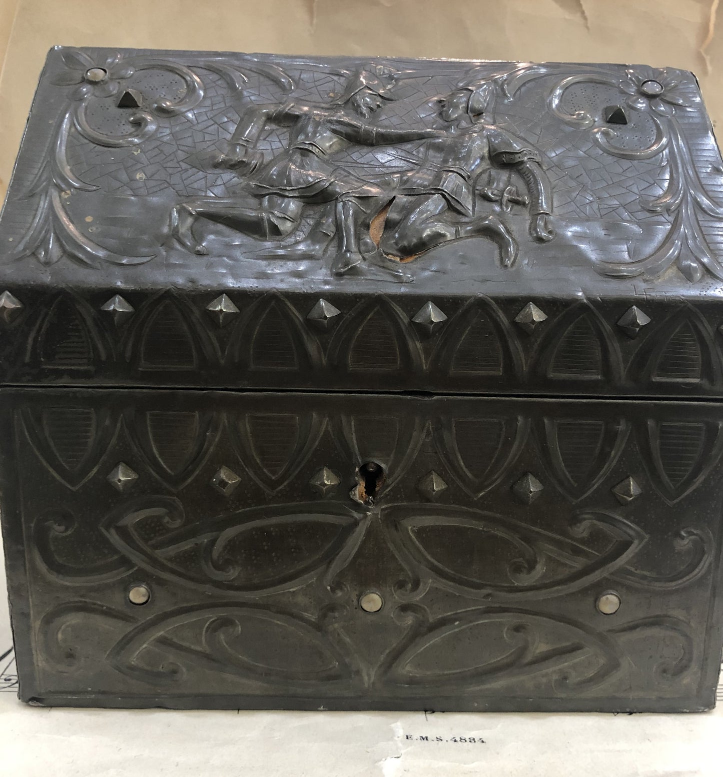 Rare Antique French Church Reliquary Box Chasse Knights c1880