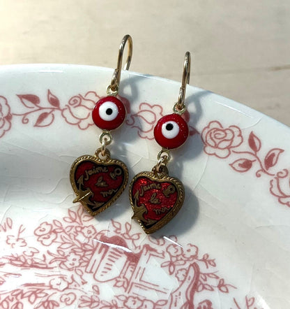 Vintage Enamel French heart “j’aime la mer” , red Evil eye protection earrings with goldfilled