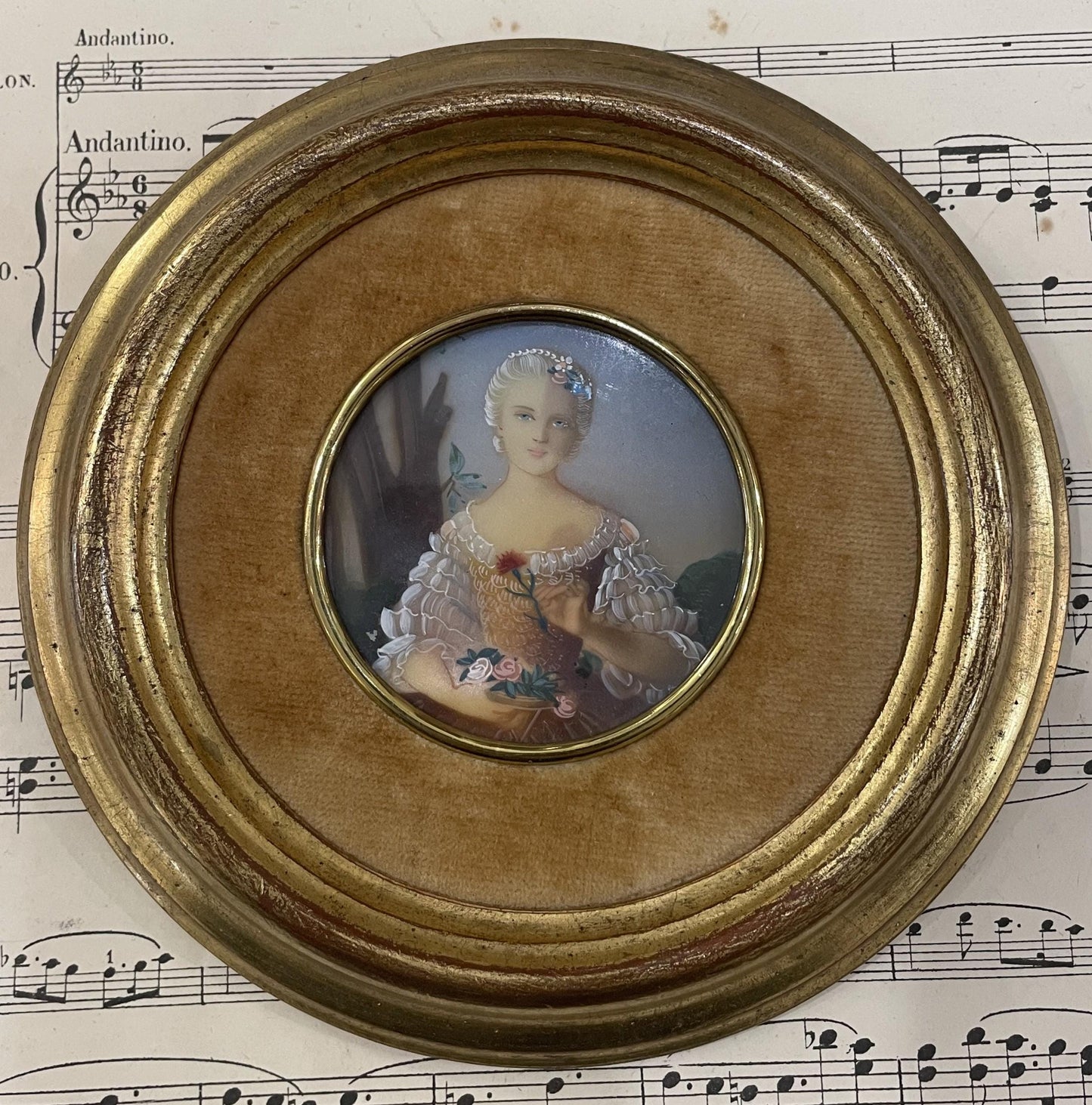 Antique French Miniature Woman Portrait Velvet Glass Roses c1920