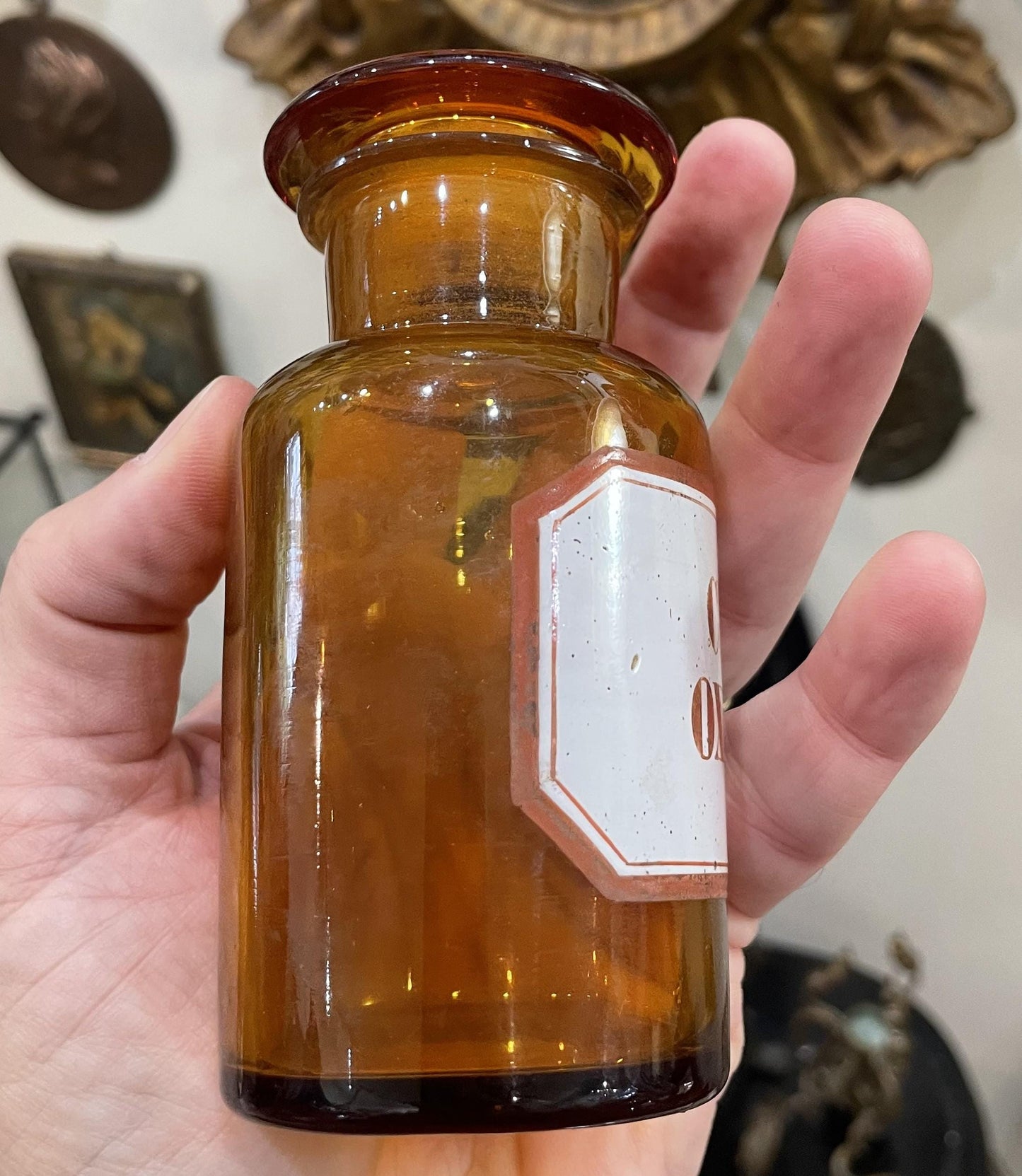 Small Antique French Apothecary Bottle Amber Glass Cupr. Oxydat. c1880