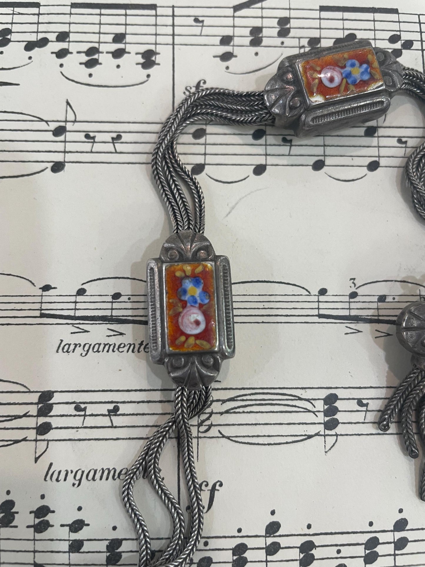 Rare Antique French Enameled Sterling Silver Pocket Watch Chain c1890