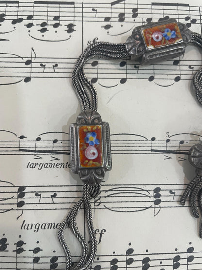 Rare Antique French Enameled Sterling Silver Pocket Watch Chain c1890