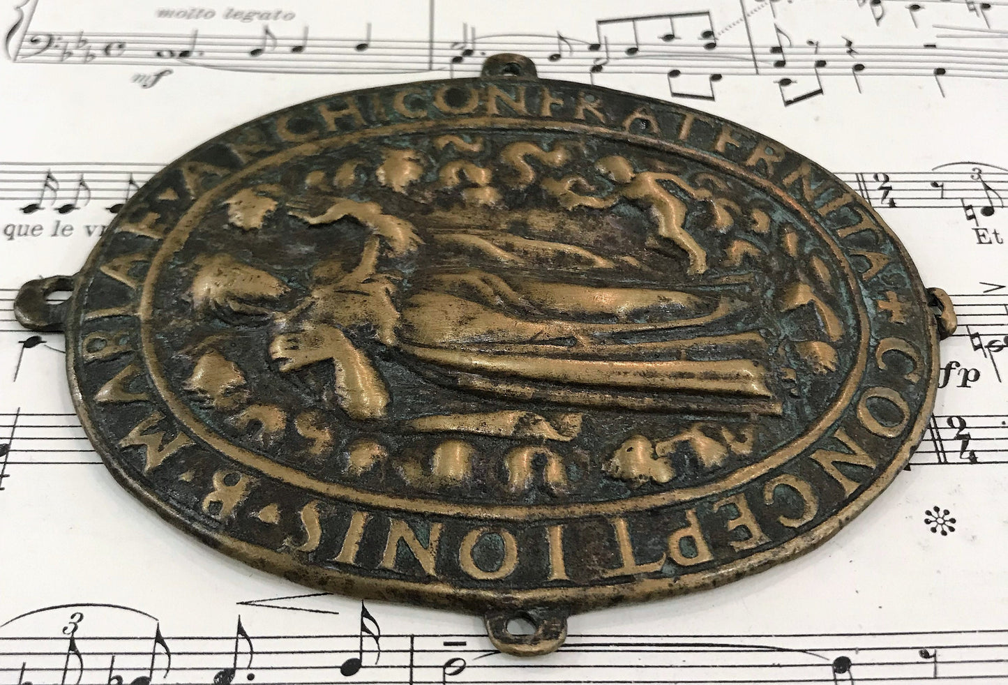 Rare Large Antique French Bronze Virgin Mary Icon Plaque Medal c1800