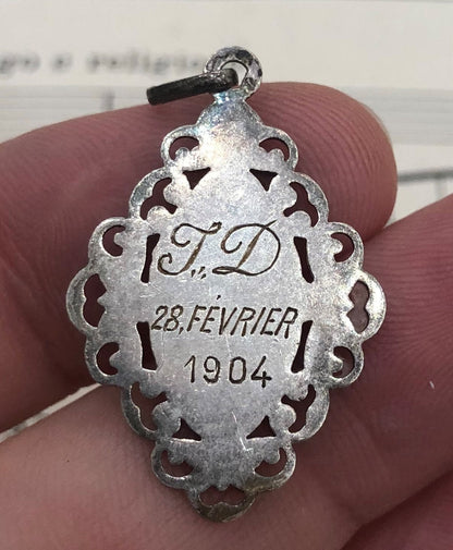 Antique French Art Nouveau Sterling Silver First Communion Medal Chalice c1904