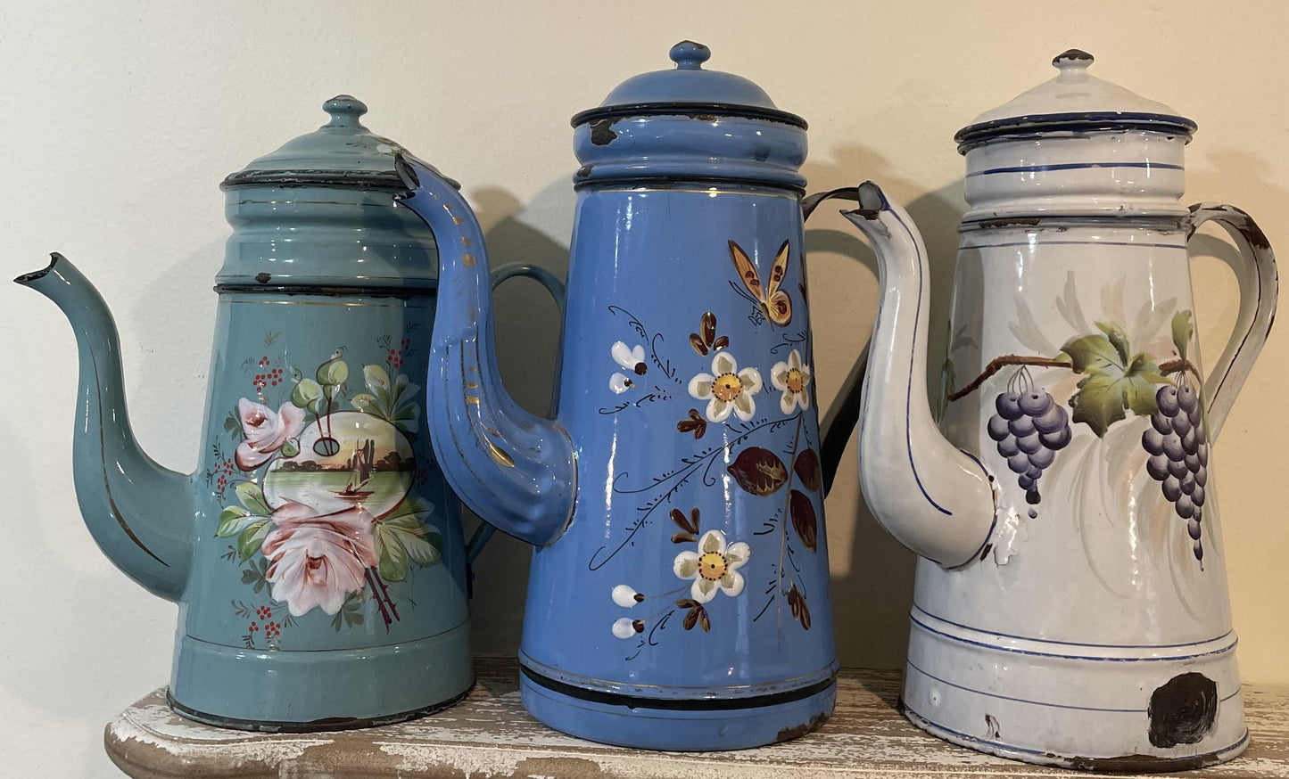 Rare Antique French Enamelware Coffee Pot Grapes Vine c1920