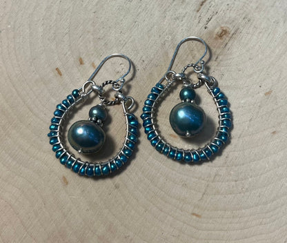 Blue pearl woven earrings with sterling silver wire