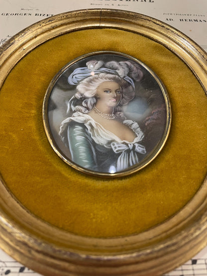 Antique French Miniature Woman Portrait Velvet Glass c1920