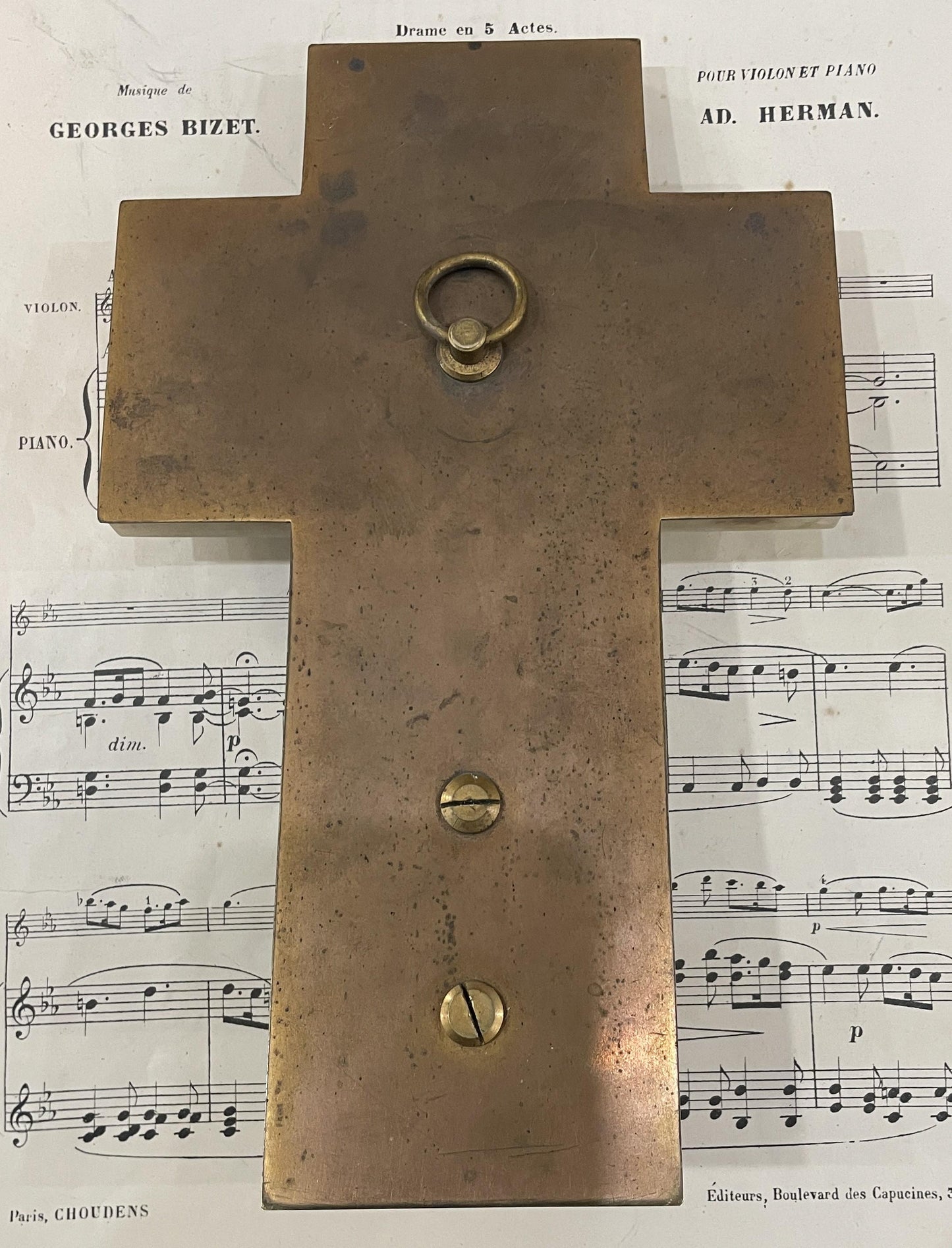 Antique French Champleve Enamel Onyx Holy Water Font Cross Crucifix c1880