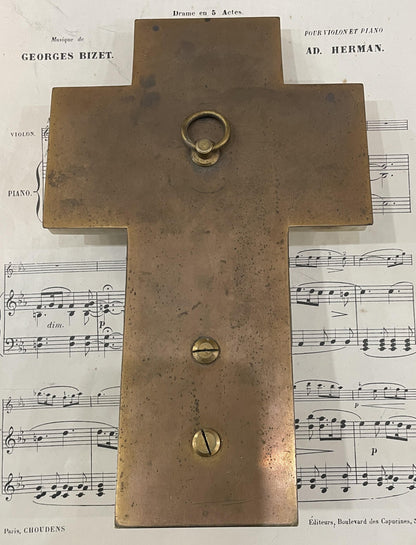 Antique French Champleve Enamel Onyx Holy Water Font Cross Crucifix c1880