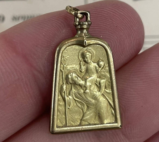 Antique French Art Nouveau Gold-Filled St Christopher Religious Medal c1920