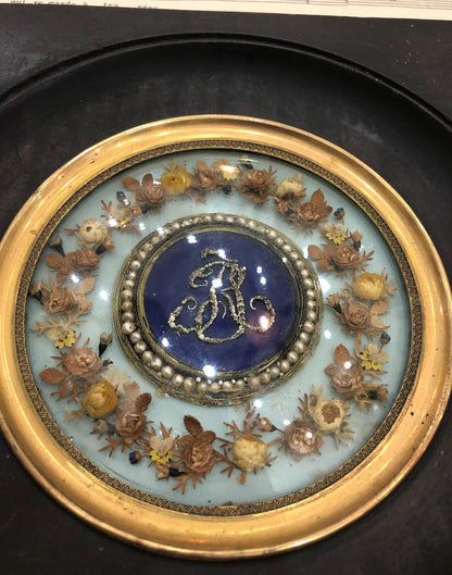 Rare Antique French Reliquary Pearls Dried Flowers Domed Glass c1880