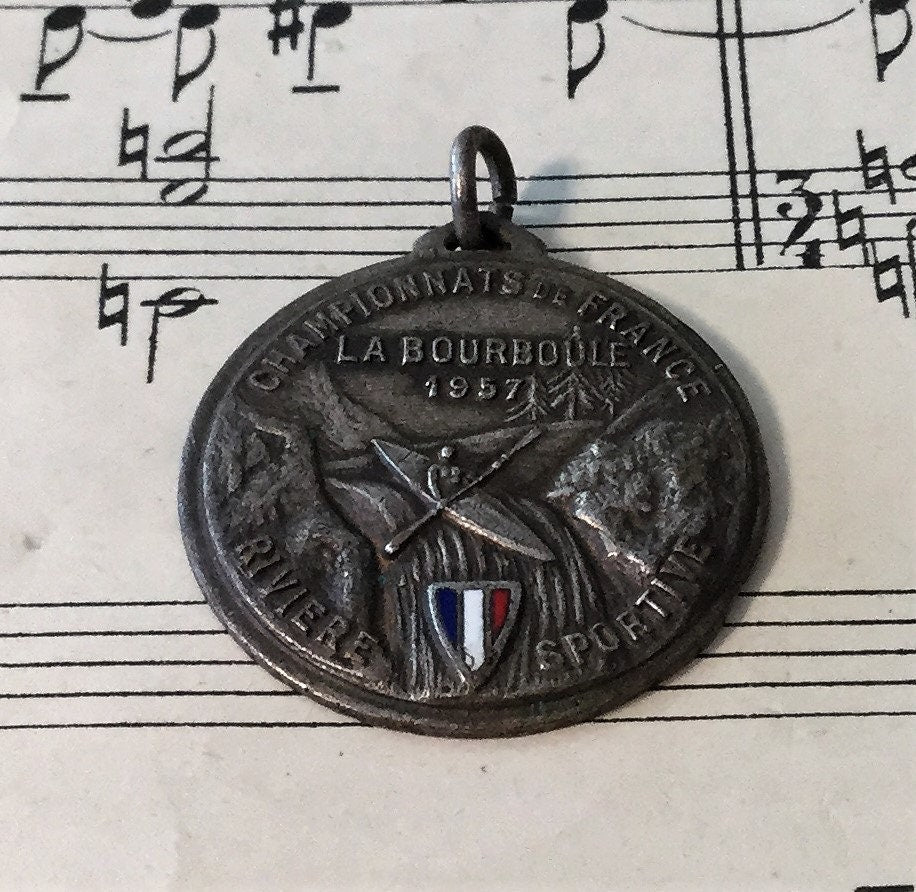 Vintage French Enameled Sport Kayaking Boat River Medal La Bourboule c1957