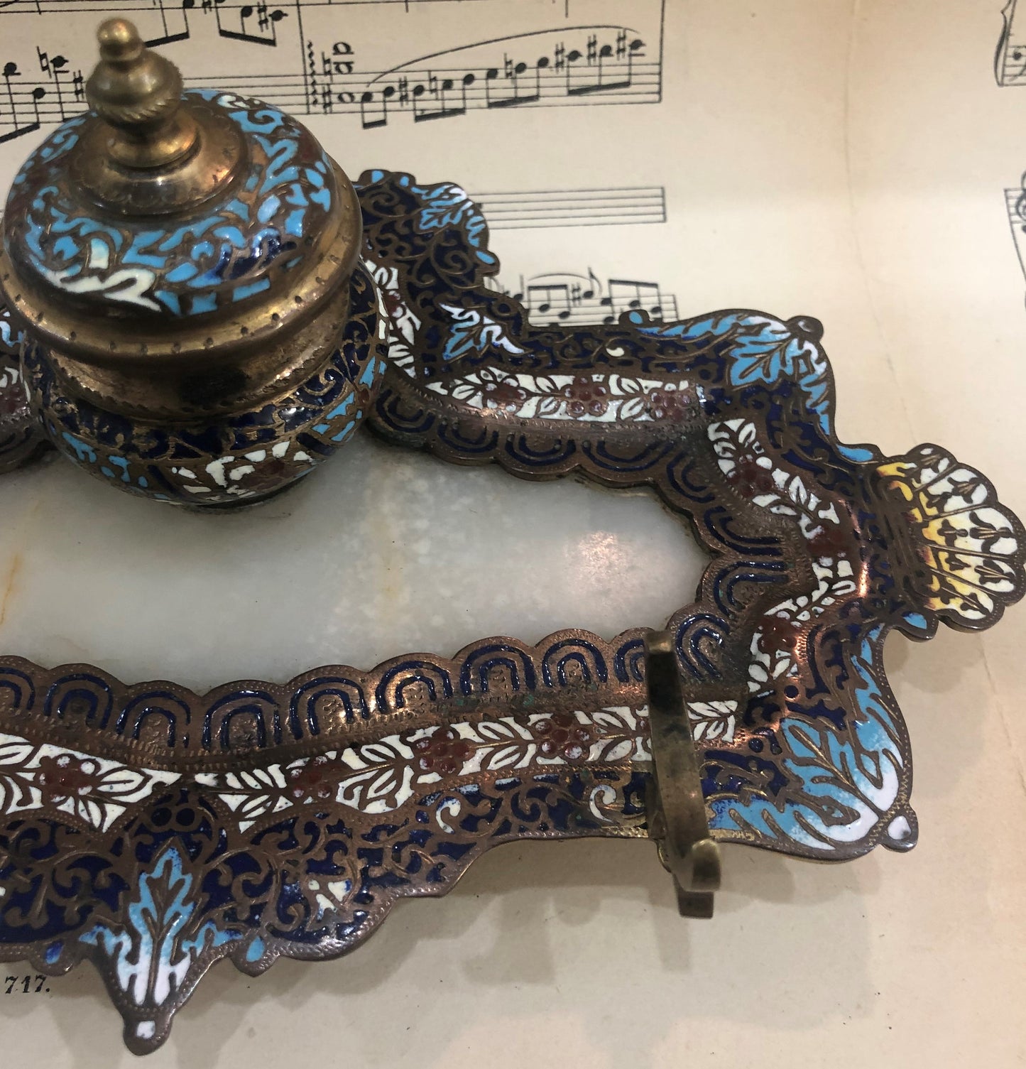 Rare Antique French Champleve Enamel Bronze Ink Well Inkwell c1880