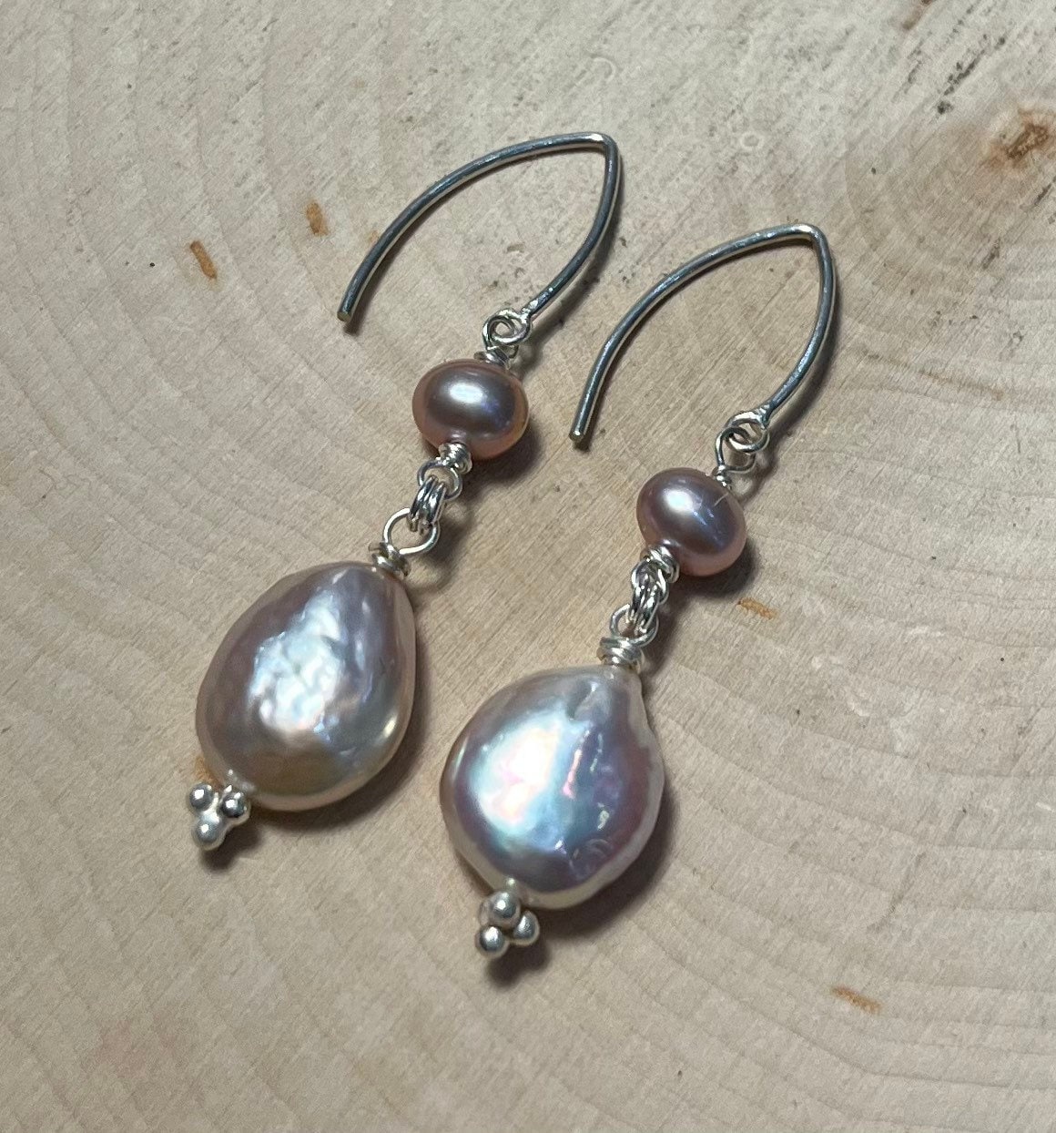 Pink pearl dangle earrings with sterling silver