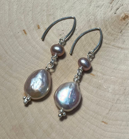 Pink pearl dangle earrings with sterling silver