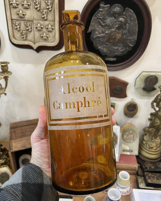 Rare Large Antique French Apothecary Bottle Amber Glass Alcool Camphre c1880