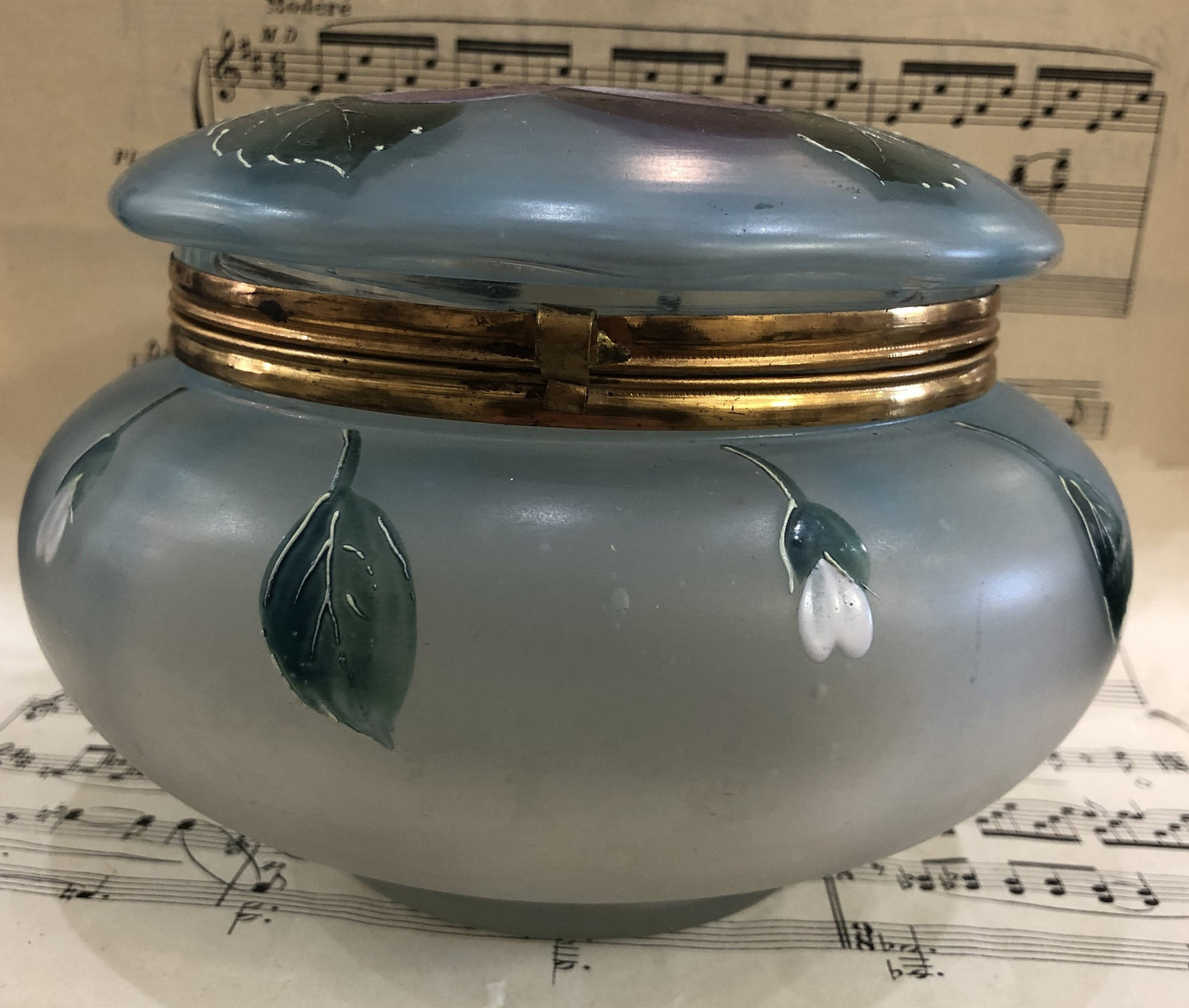 Rare Large Antique French Gilt Brass Glass Hand Painted Enameled Box Fruits Plums c1900