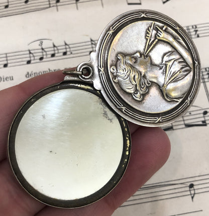 Antique Art Nouveau French Sliding Mirror Pendant St. Cecilia / Musician c1910