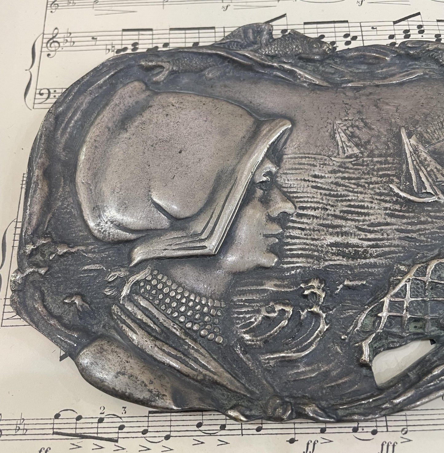 Antique French Art Nouveau bronze tray (maritime scene, fish, boat) c1920