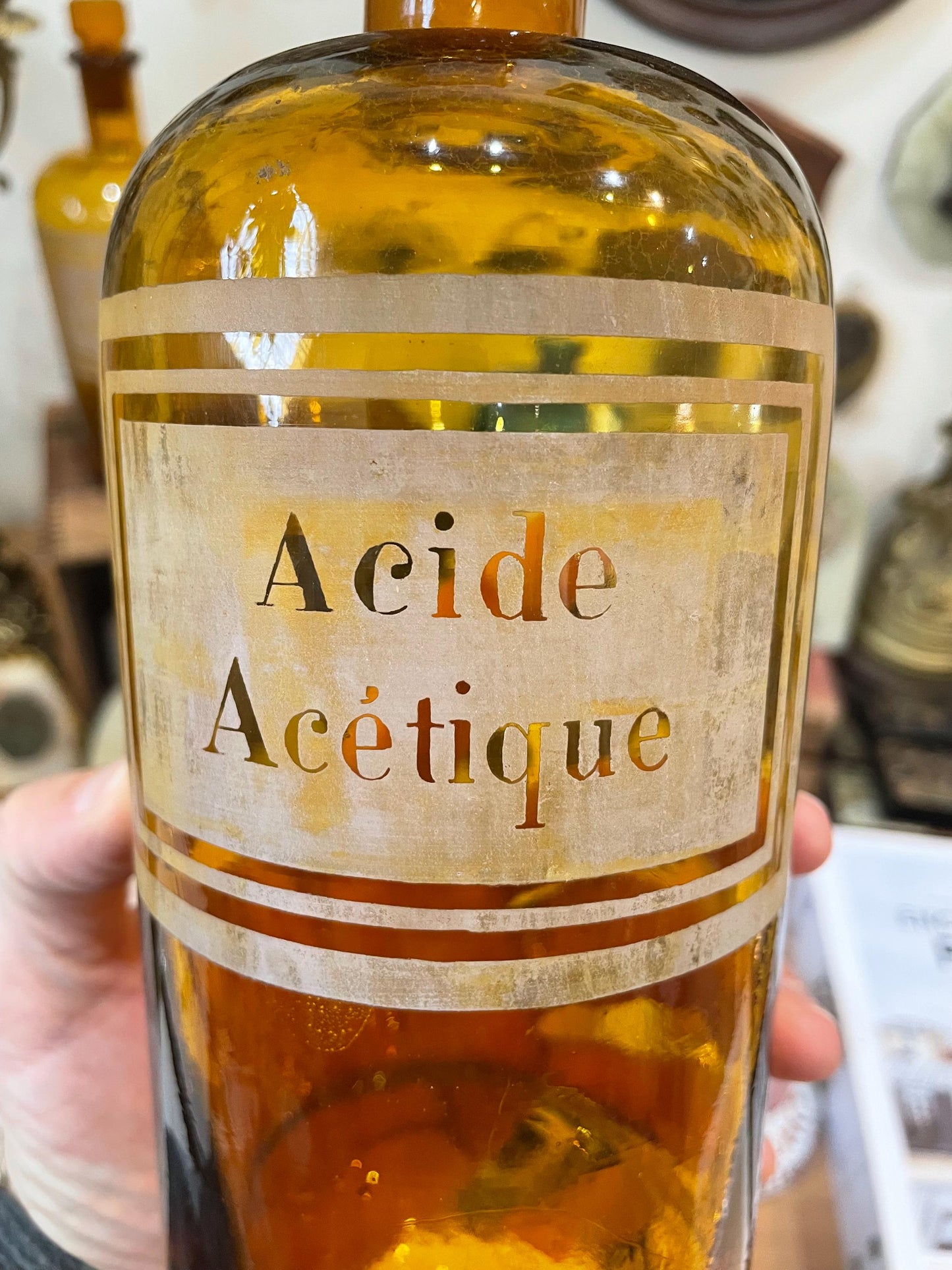 Rare Large Antique French Apothecary Bottle Amber Glass Acide Acetique c1880