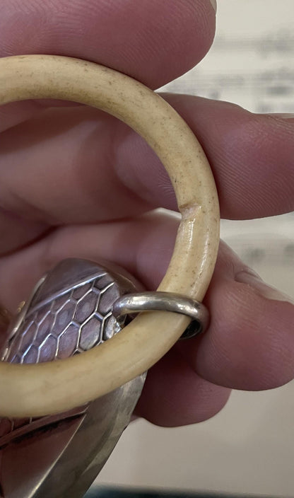 Antique French Art Deco Sterling Silver Baby Rattle Chicken Chicks c1920