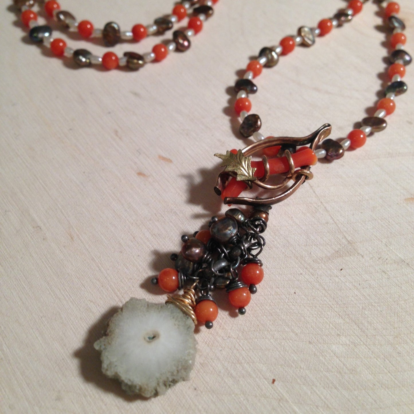 Victorian wishbone coral necklace with solar quartz and pearls