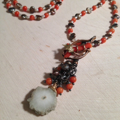 Victorian wishbone coral necklace with solar quartz and pearls