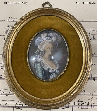 Antique French Miniature Woman Portrait Velvet Glass c1920