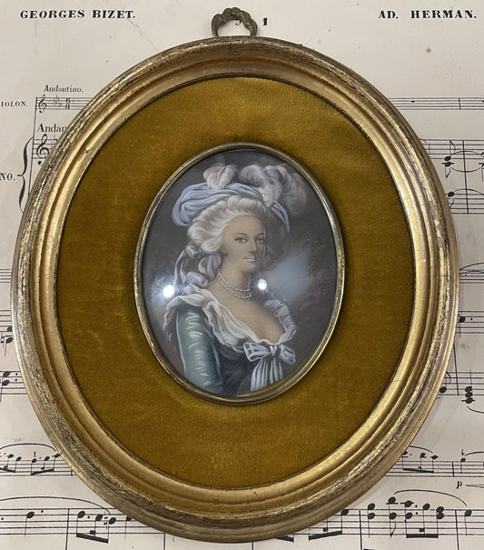 Antique French Miniature Woman Portrait Velvet Glass c1920