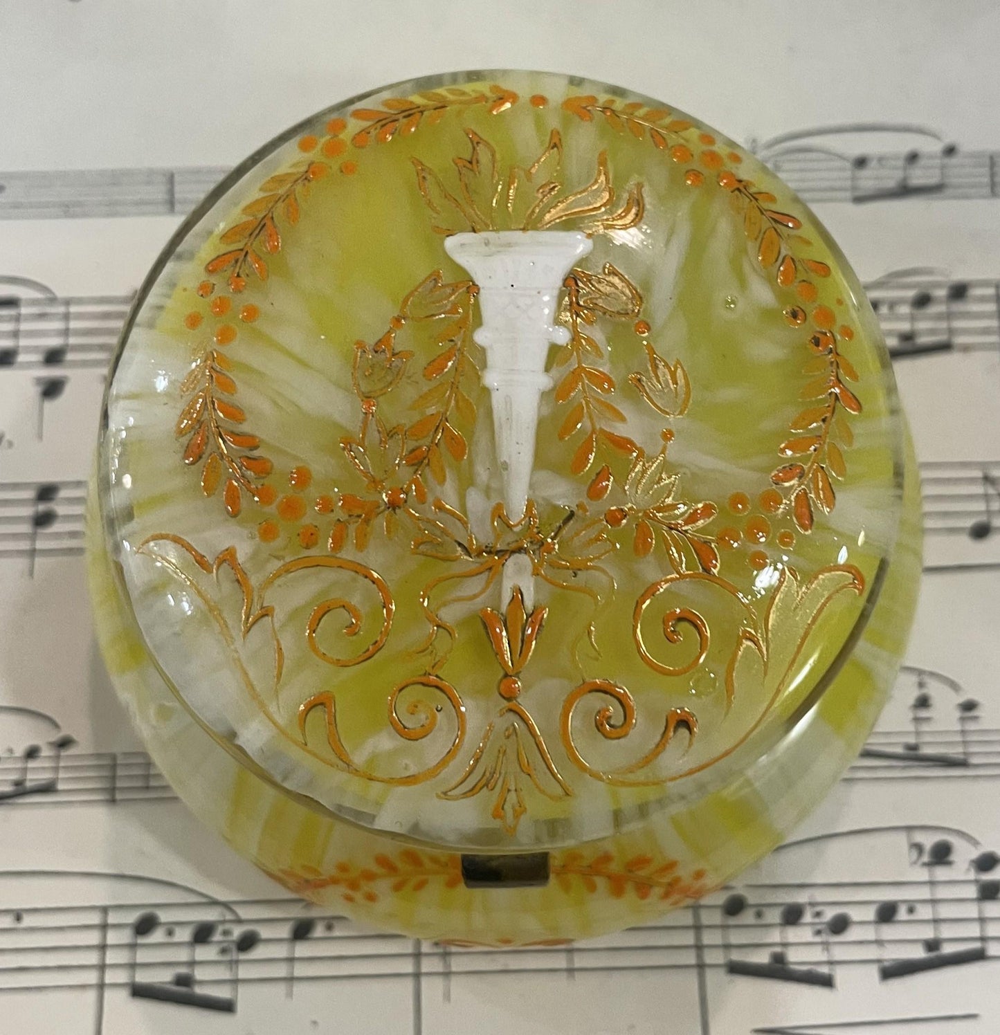 Antique French Gilt Brass Yellow Glass Hand Painted Enameled Box Torch c1920