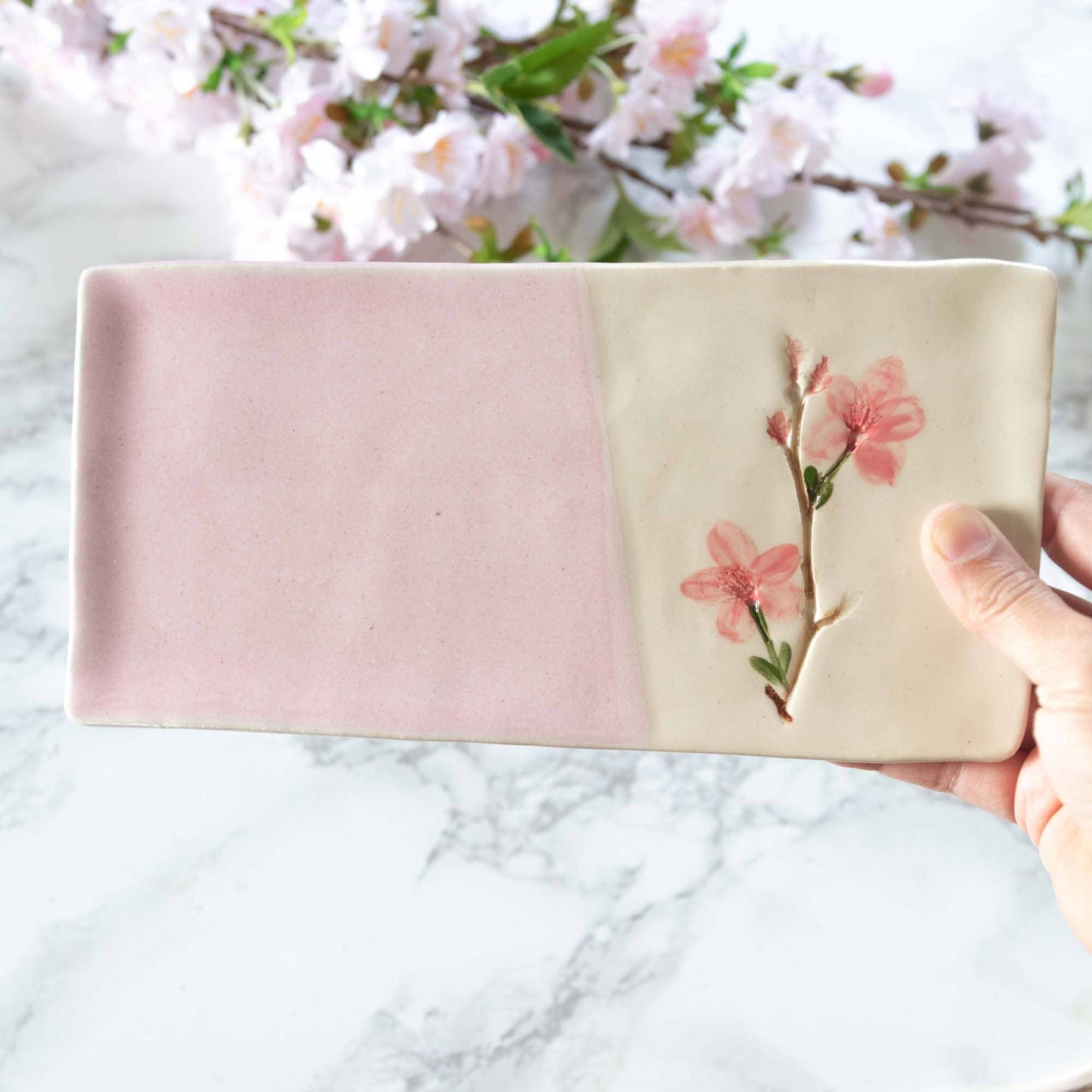 Handmade Pressed Flower Rectangular Plate- Cherry Blossom
