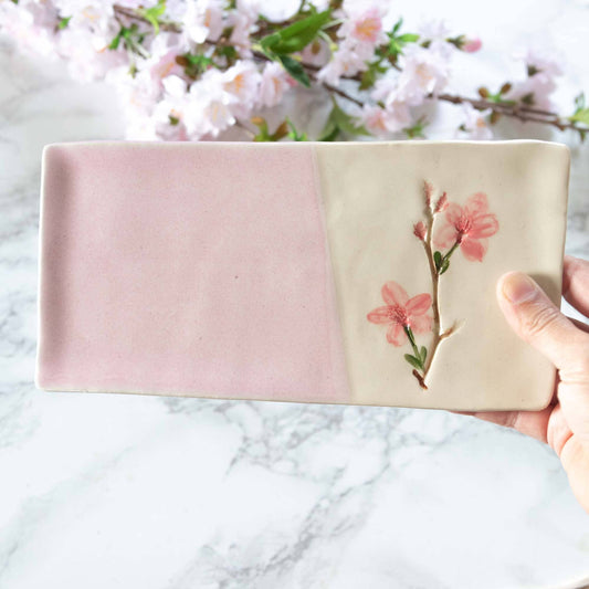 Handmade Pressed Flower Rectangular Plate- Cherry Blossom