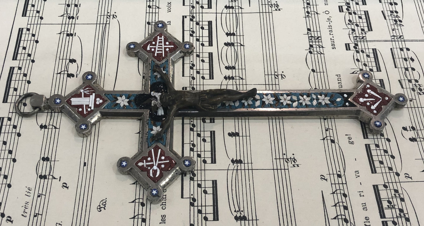 Large Antique Italian Micro Mosaic Micromosaic Cross Crucifix Bird Flowers c1900