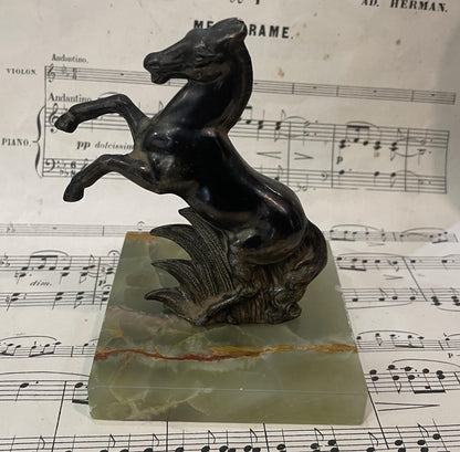 Antique French Horse Sculpture on Green Onyx c1920